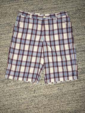 Kirra Plaid Flat Front Chino Shorts Blue White Red Size 33
